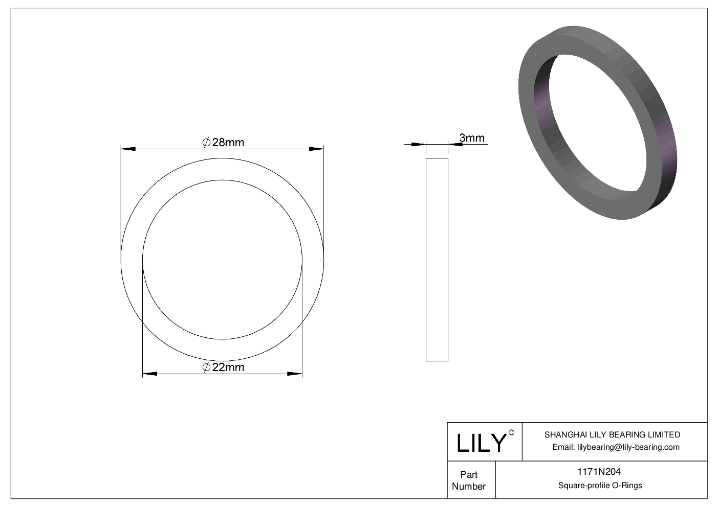 1171N204 Oil Resistant O-Rings Square cad drawing
