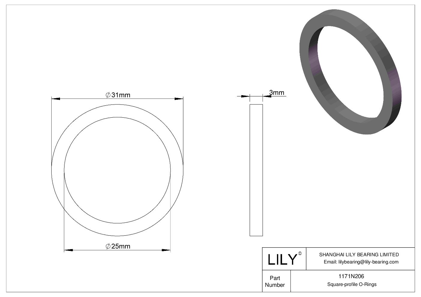 1171N206 Oil Resistant O-Rings Square cad drawing