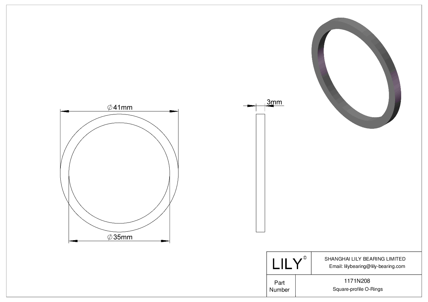 1171N208 Oil Resistant O-Rings Square cad drawing