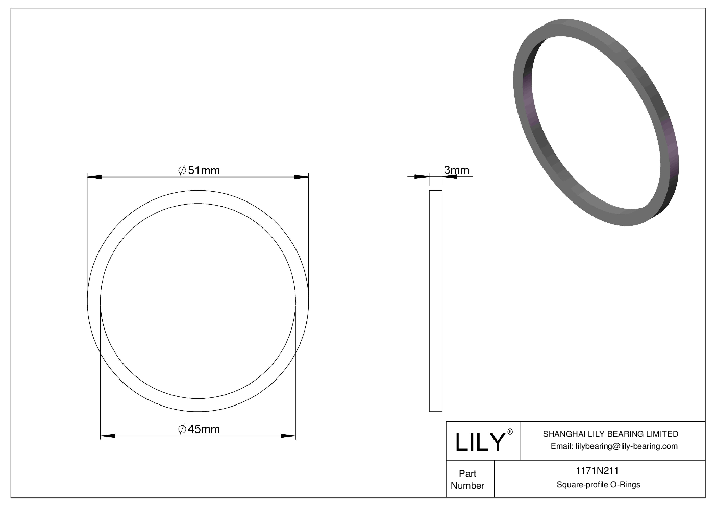 1171N211 Oil Resistant O-Rings Square cad drawing