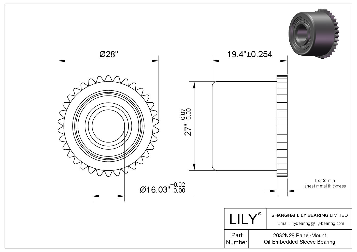 2032N28 PanelMount OilEmbedded Sleeve Bearings LILY Bearing