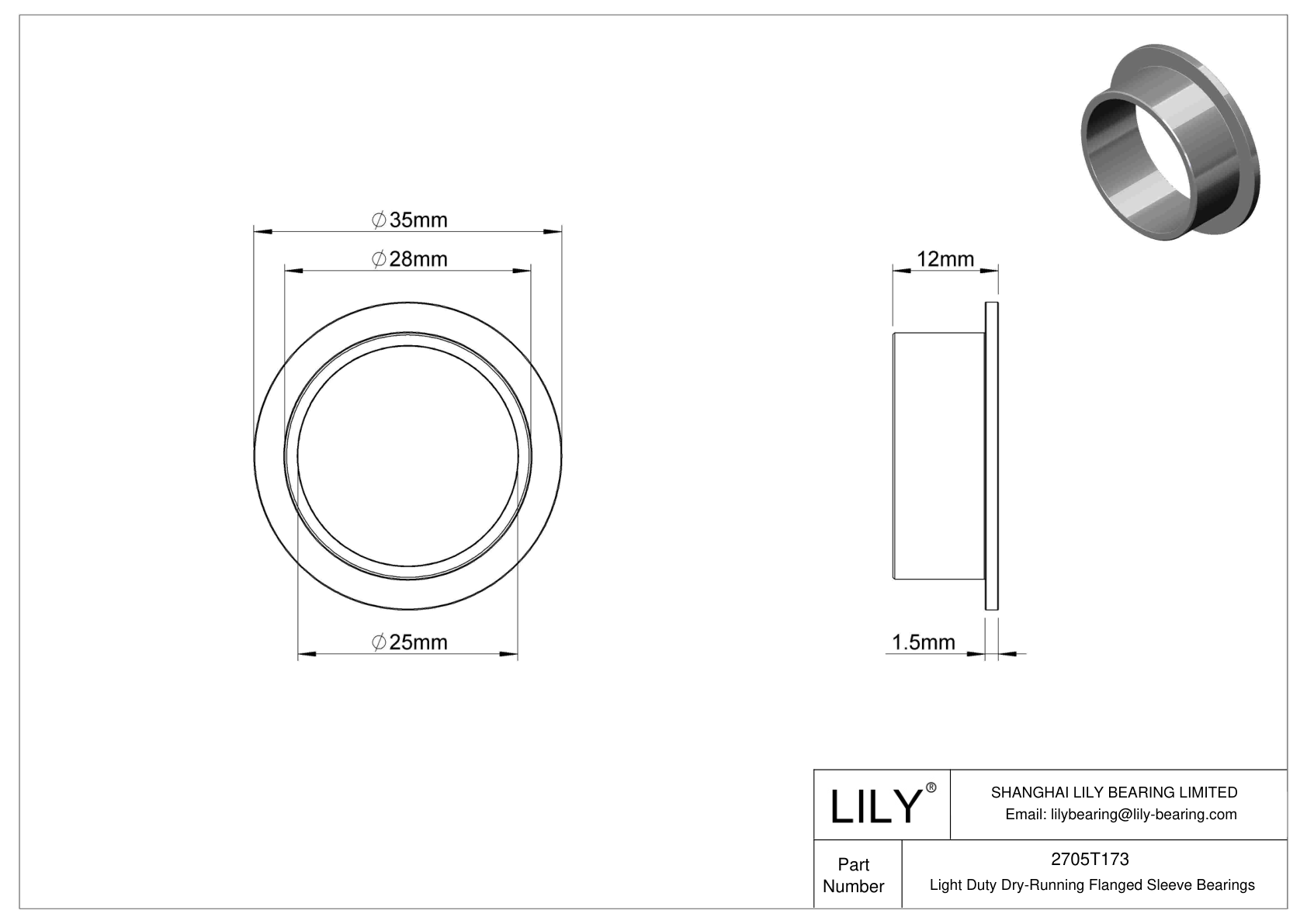 2705T173 | Light Duty Dry-Running Flanged Sleeve Bearings | Lily Bearing