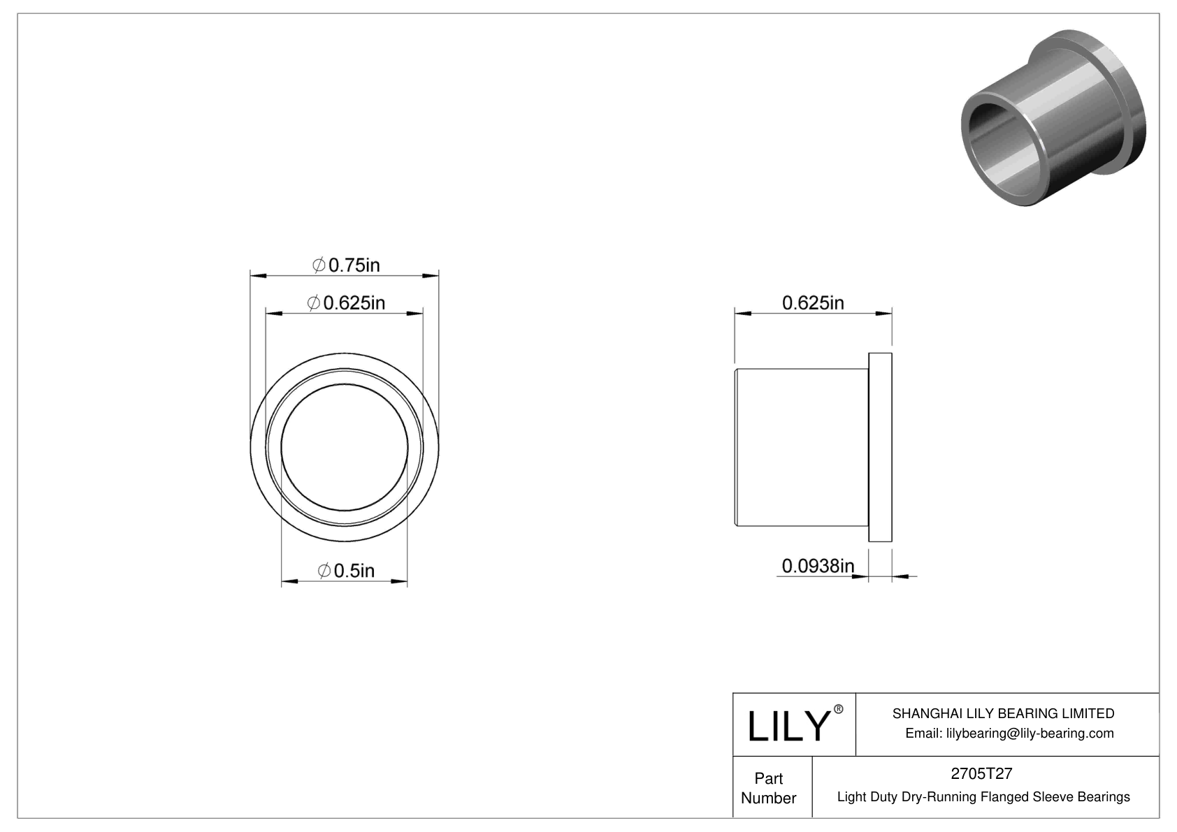 CHAFTCH Light Duty Dry-Running Flanged Sleeve Bearings cad drawing