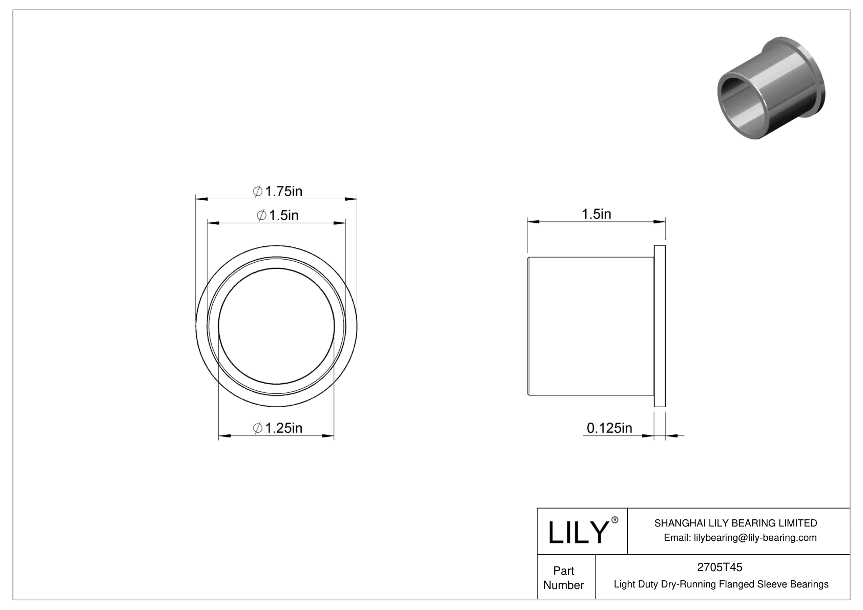 2705T45 Light Duty DryRunning Flanged Sleeve Bearings LILY Bearing