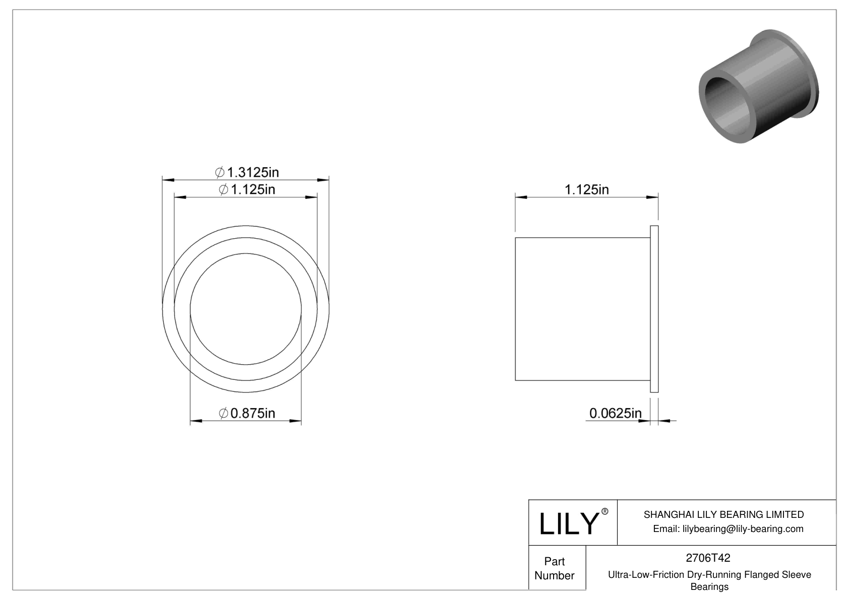 CHAGTEC Ultra-Low-Friction Dry-Running Flanged Sleeve Bearings cad drawing