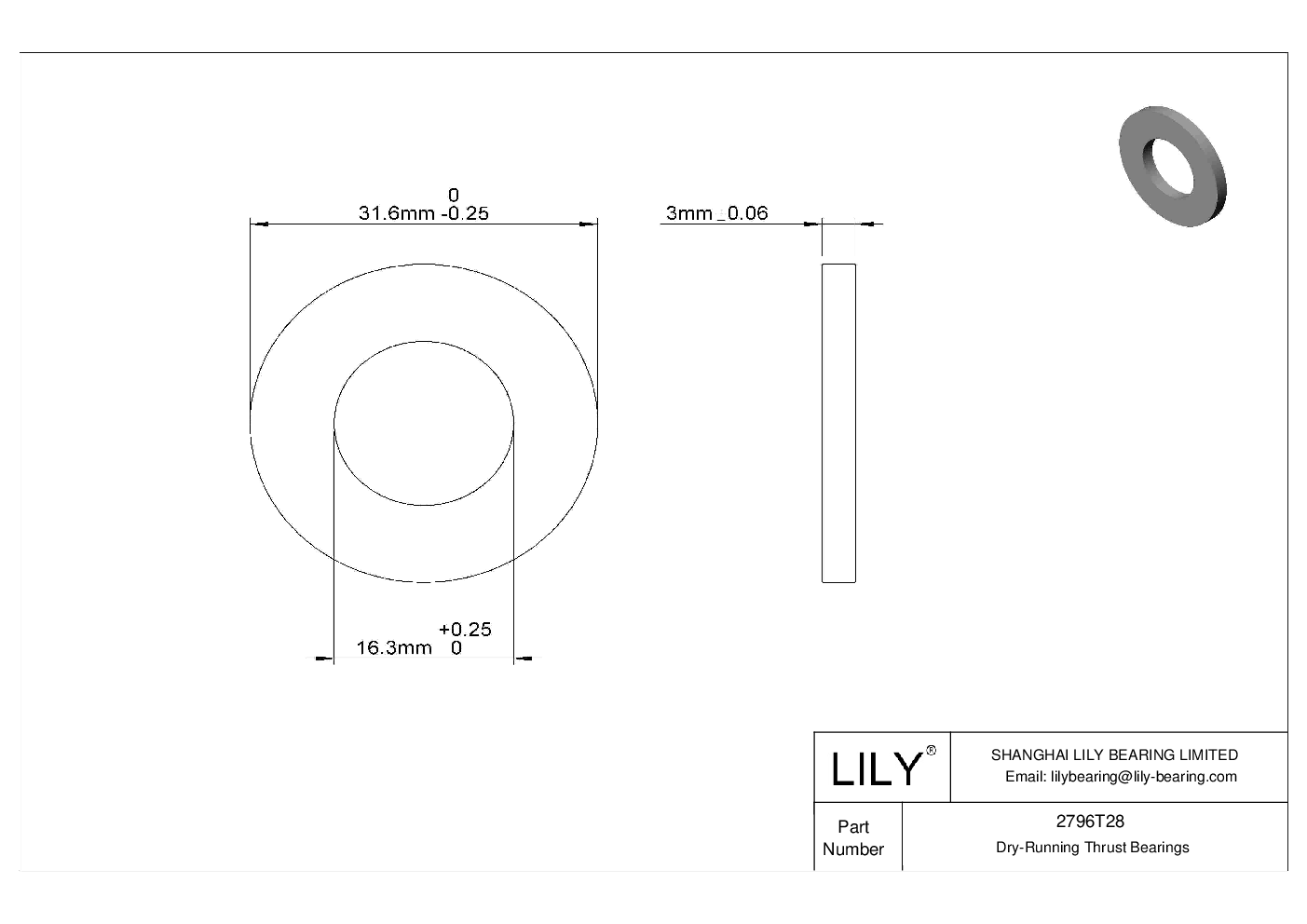 2796T28 UltraLowFriction DryRunning Thrust Bearings LILY Bearing