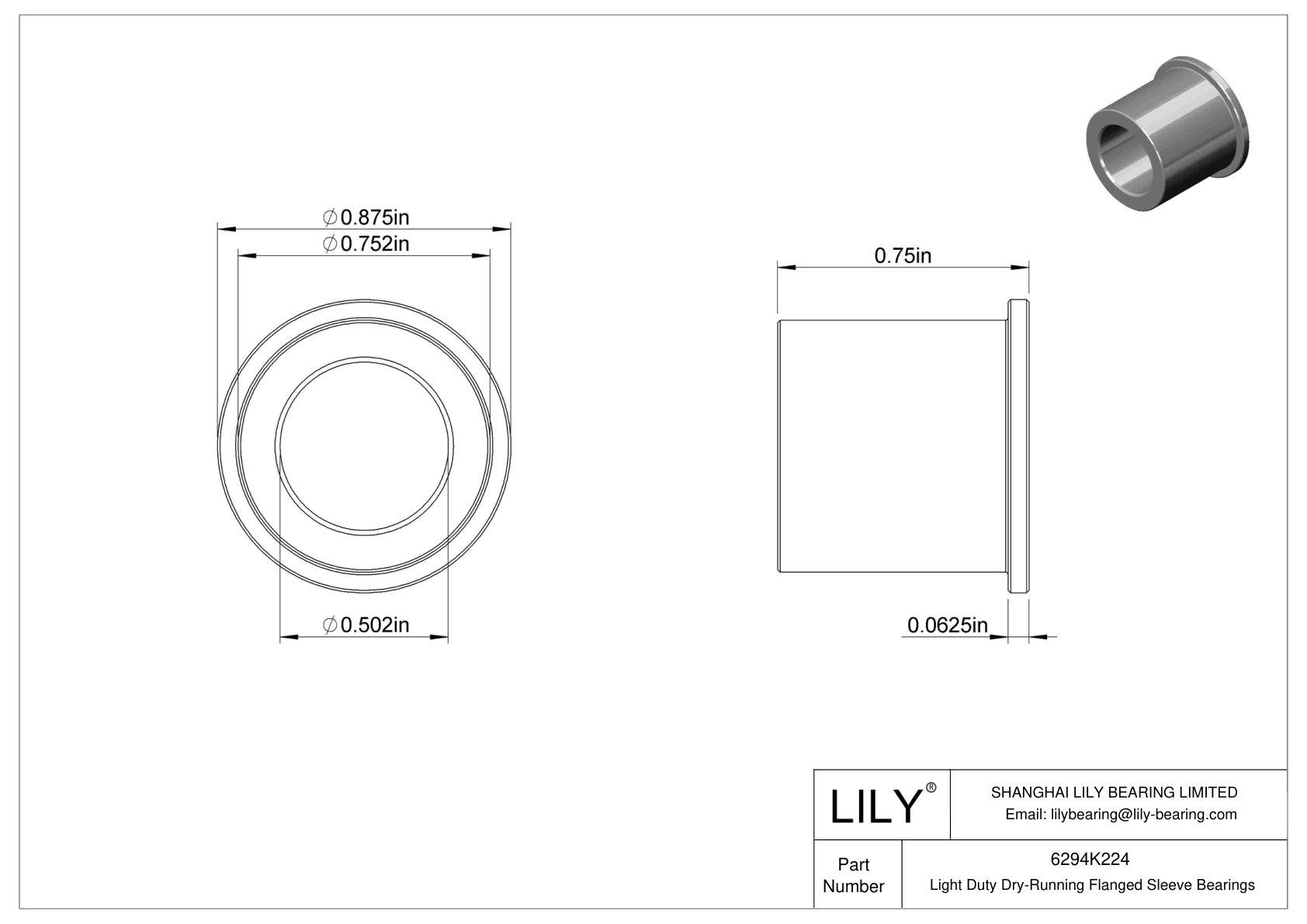 6294K224 Light Duty DryRunning Flanged Sleeve Bearings LILY Bearing