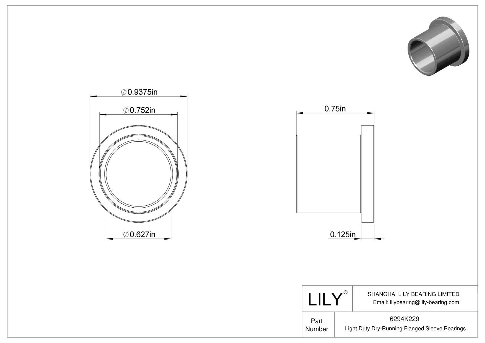 6294K229 Light Duty DryRunning Flanged Sleeve Bearings LILY Bearing