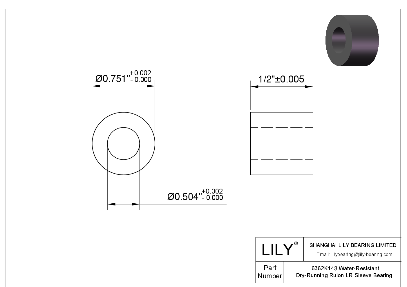 6362K143 WaterResistant DryRunning Sleeve Bearings LILY Bearing