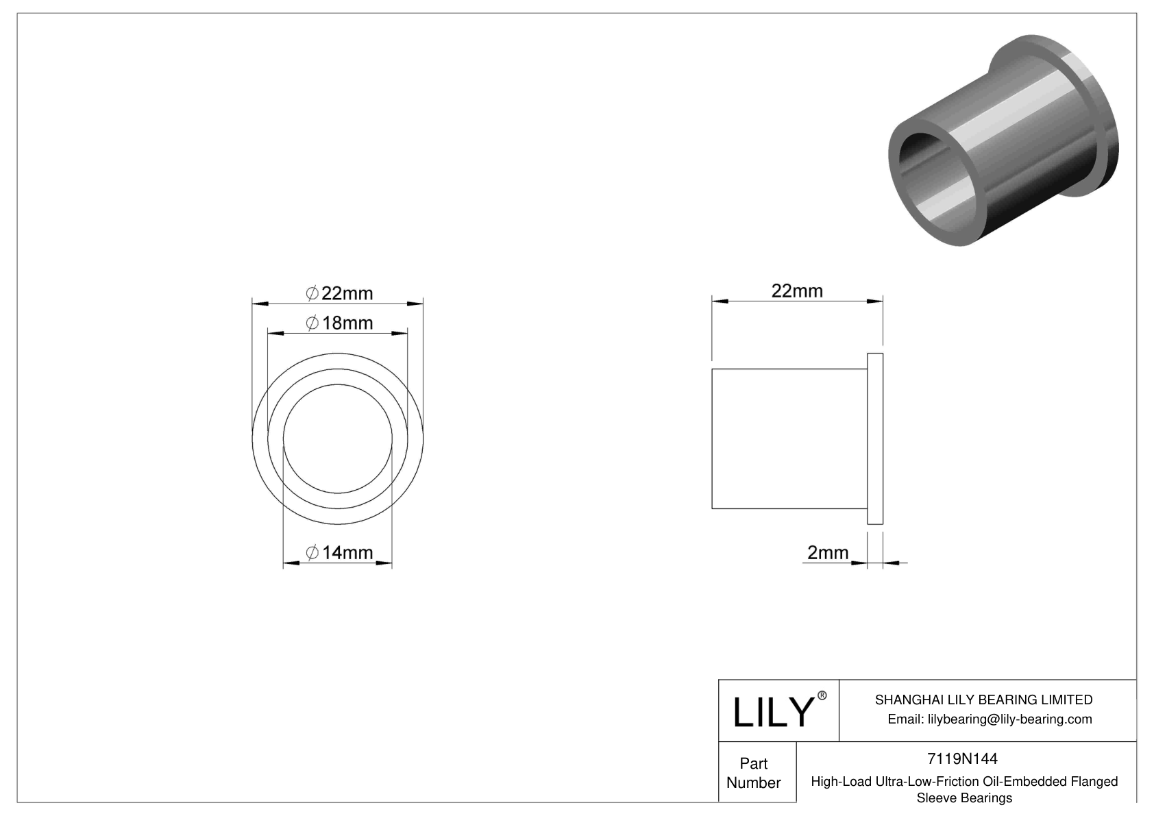 7119N144 HighLoad UltraLowFriction OilEmbedded Flanged Sleeve Bearings LILY Bearing