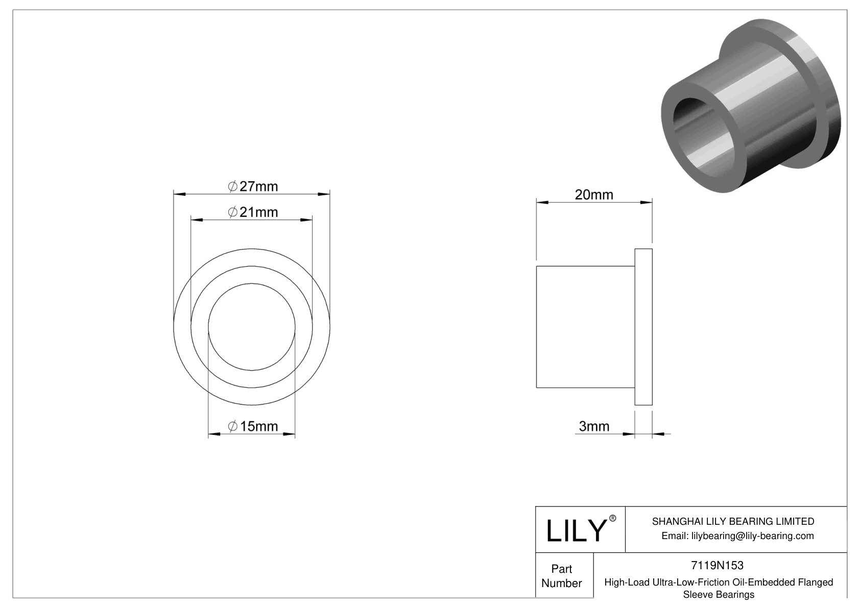 7119N153 HighLoad UltraLowFriction OilEmbedded Flanged Sleeve Bearings Lily Bearing
