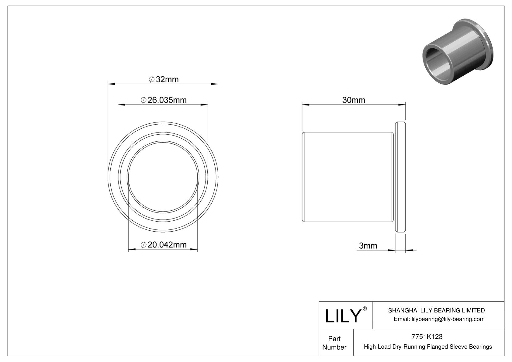 7751K123 HighLoad DryRunning Flanged Sleeve Bearings LILY Bearing