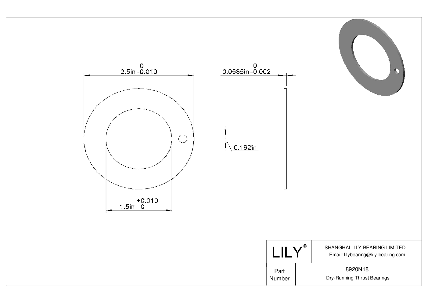 8920N18 | Light Duty Dry-Running Thrust Bearings | Lily Bearing