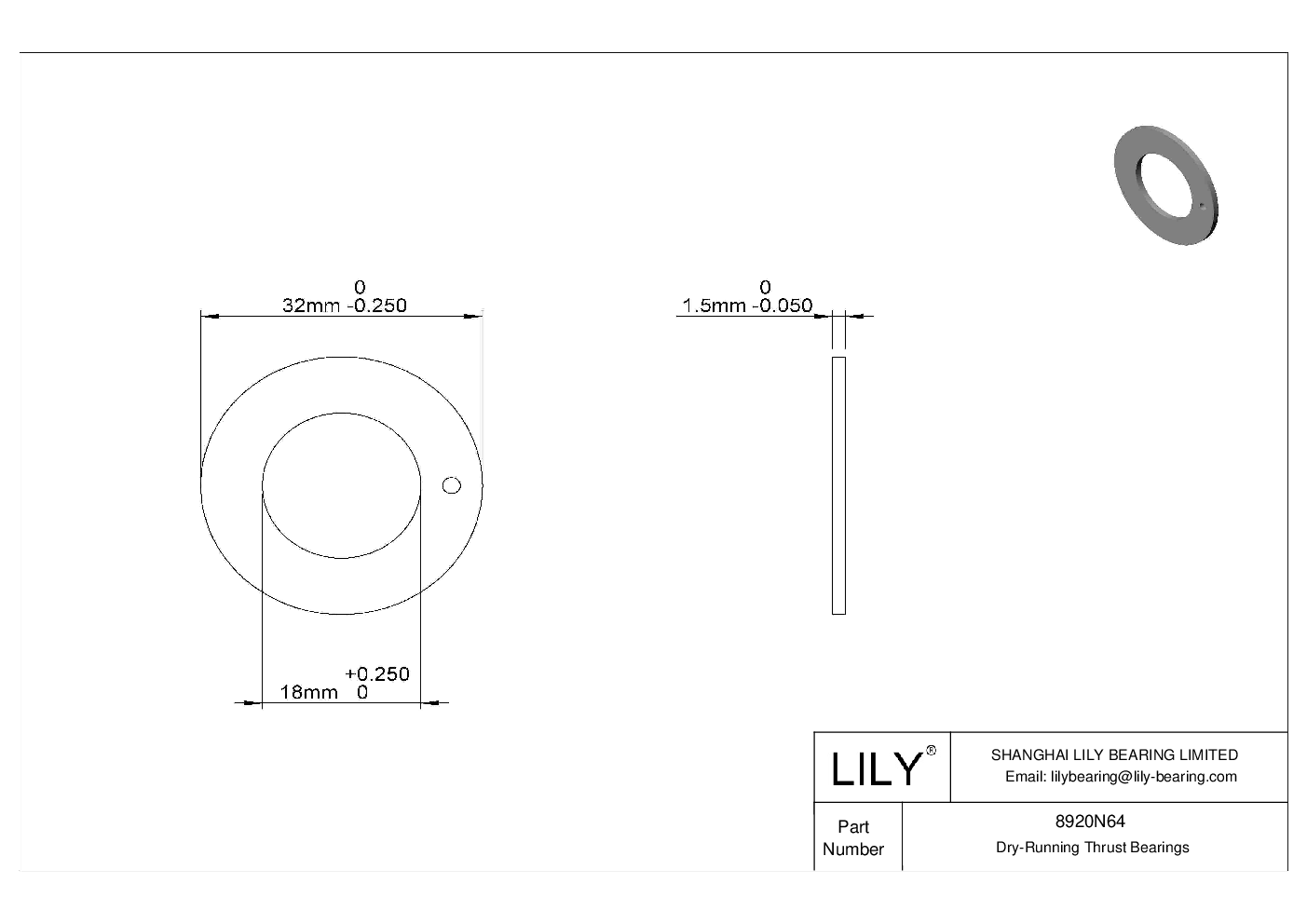 8920N64 Light Duty DryRunning Thrust Bearings LILY Bearing