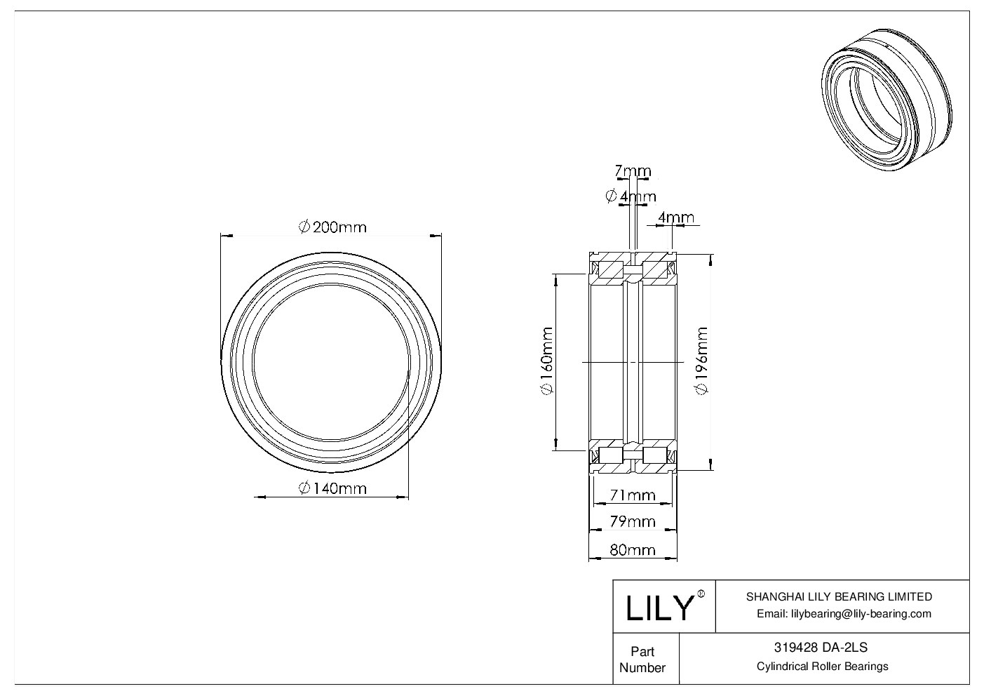 319428 DA-2LS Double Row Full Complement Cylindrical Roller Bearings cad drawing