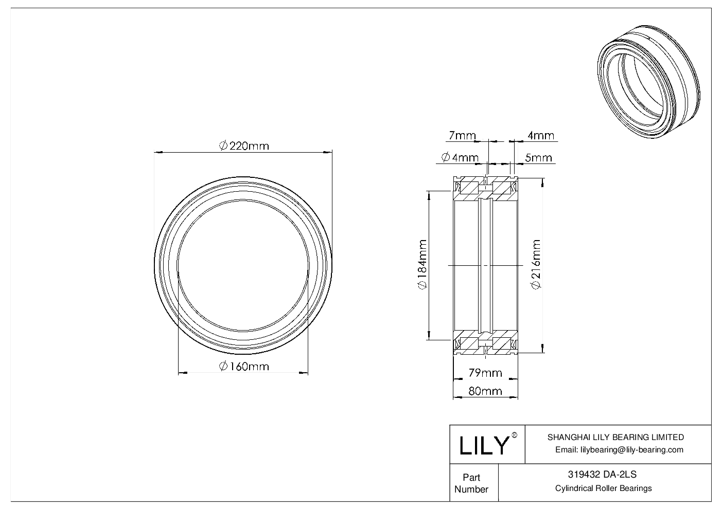 319432 DA-2LS Double Row Full Complement Cylindrical Roller Bearings cad drawing