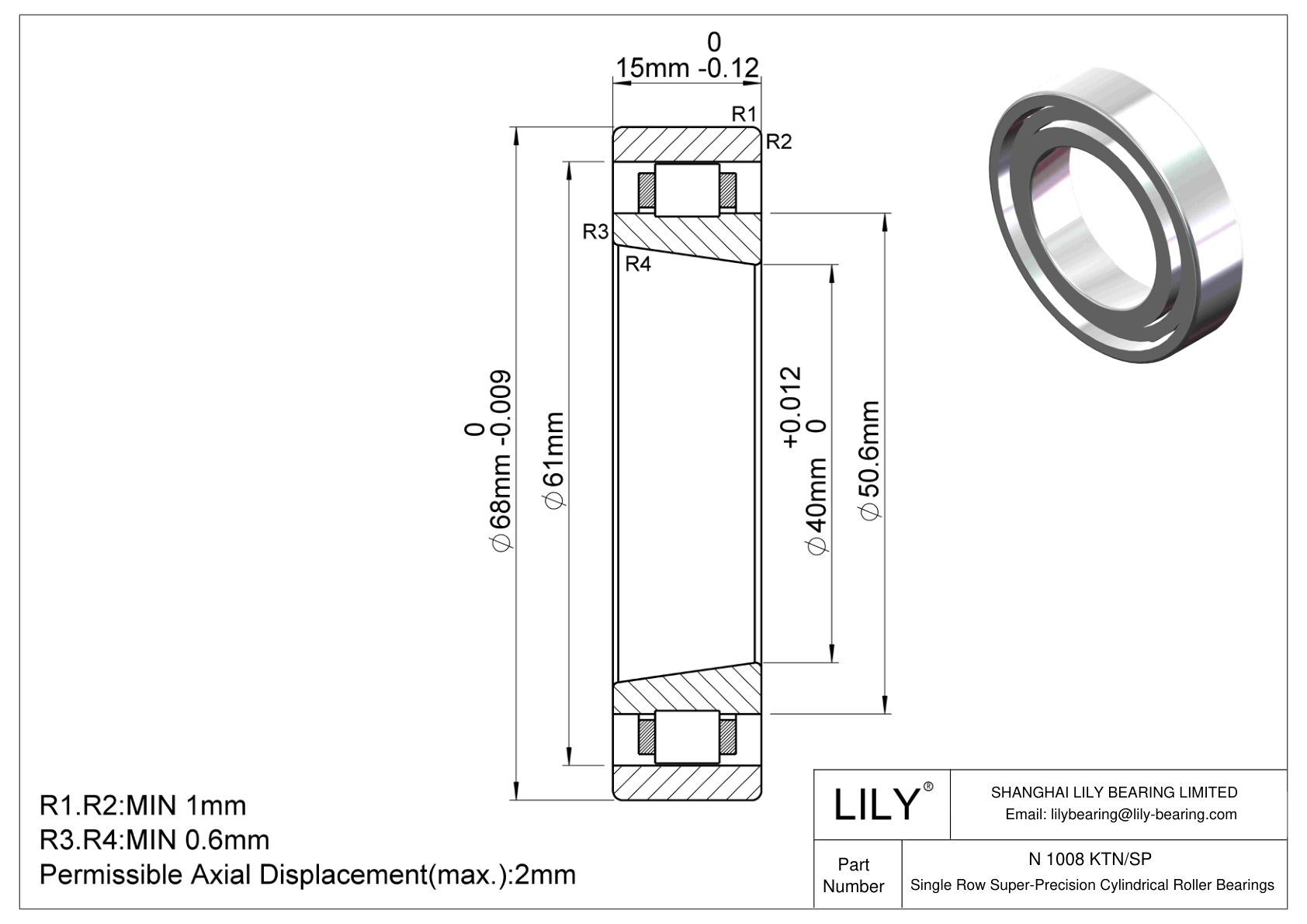 N 1008 KTN/SP Single Row Super-Precision Cylindrical Roller Bearings cad drawing