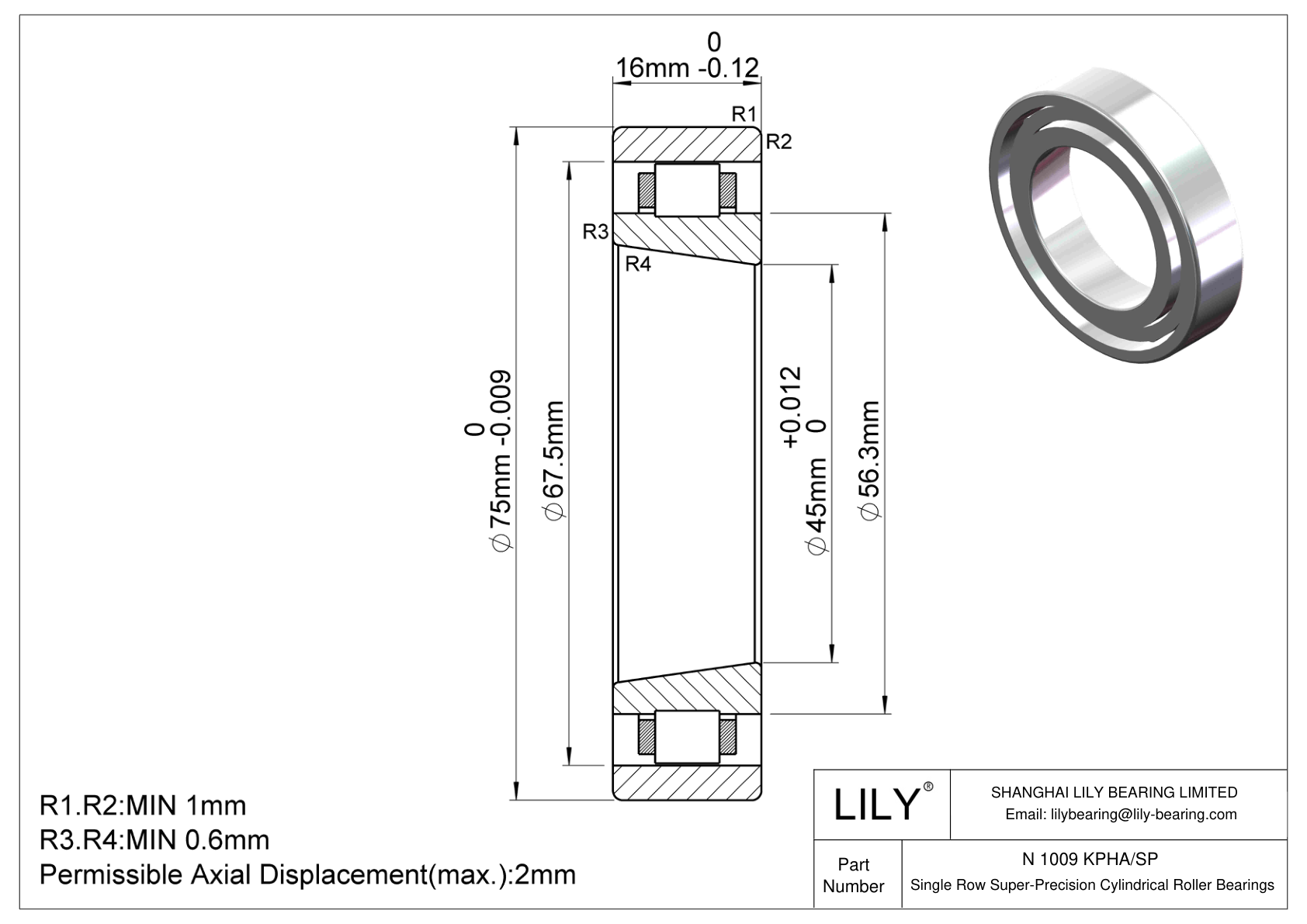 N 1009 KPHA/SP Single Row Super-Precision Cylindrical Roller Bearings cad drawing