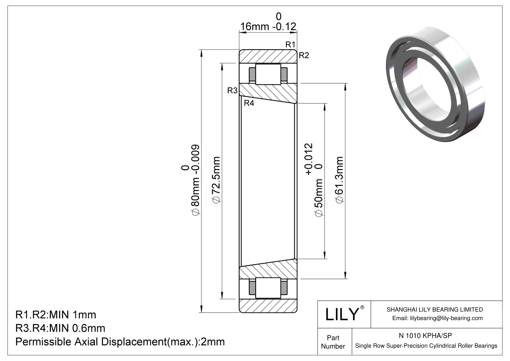 N 1010 KPHA/SP Single Row Cylindrical Roller Bearings cad drawing