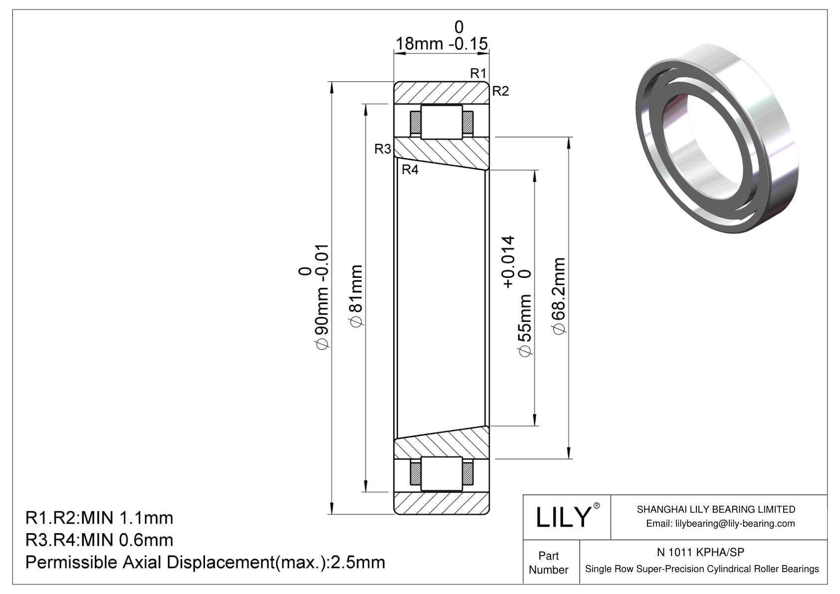 N 1011 KPHA/SP Single Row Cylindrical Roller Bearings cad drawing