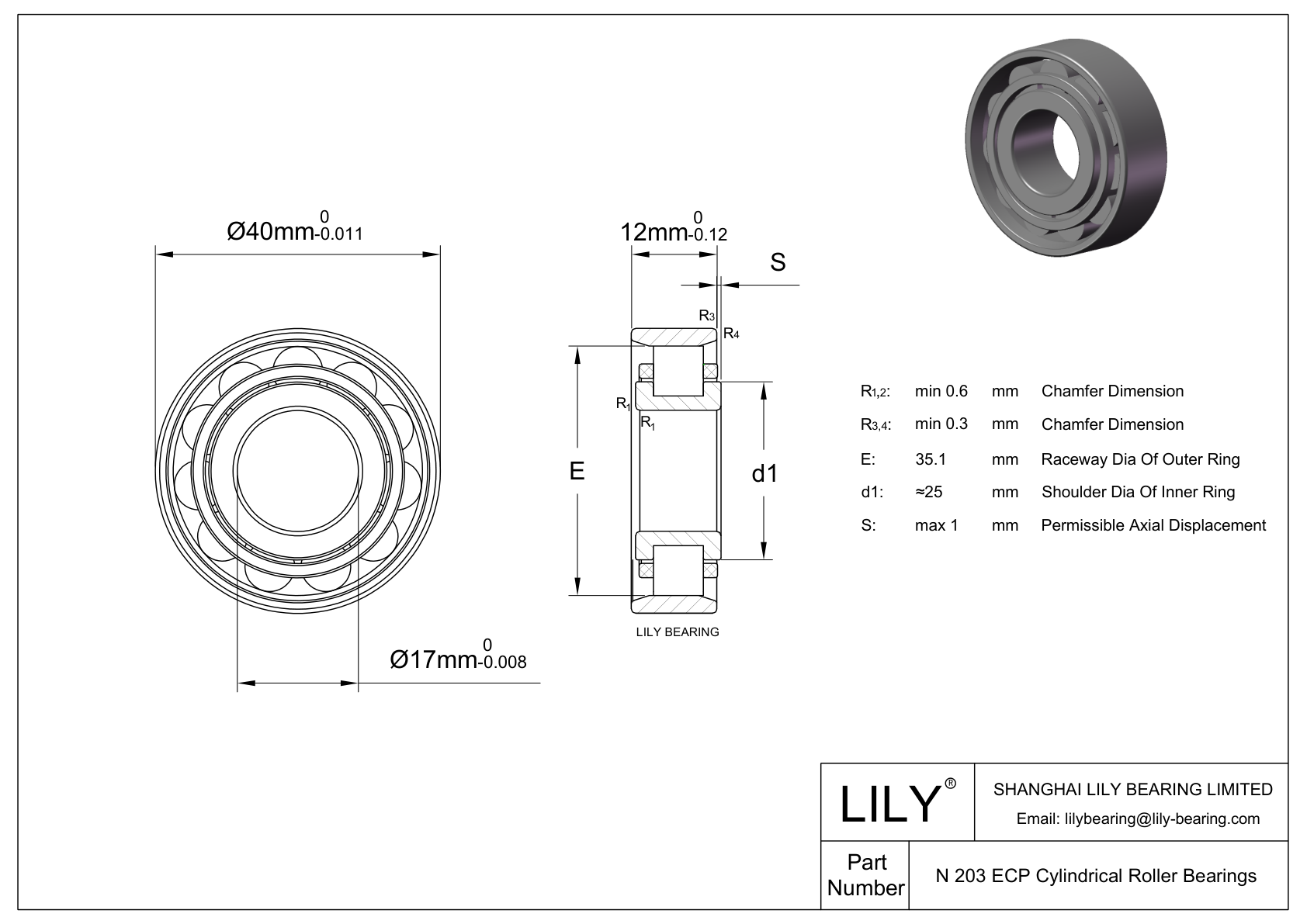 N 203 ECP Single Row Cylindrical Roller Bearings With Inner Ring cad drawing