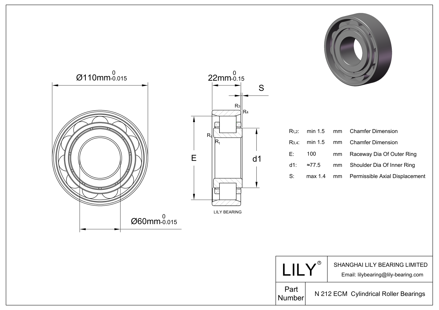 N 212 ECM Single Row Cylindrical Roller Bearings With Inner Ring cad drawing