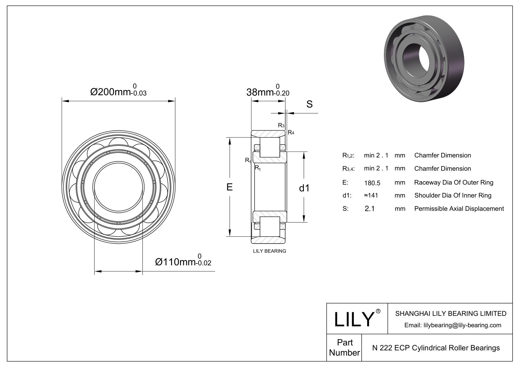 N 222 ECP Single Row Cylindrical Roller Bearings With Inner Ring cad drawing
