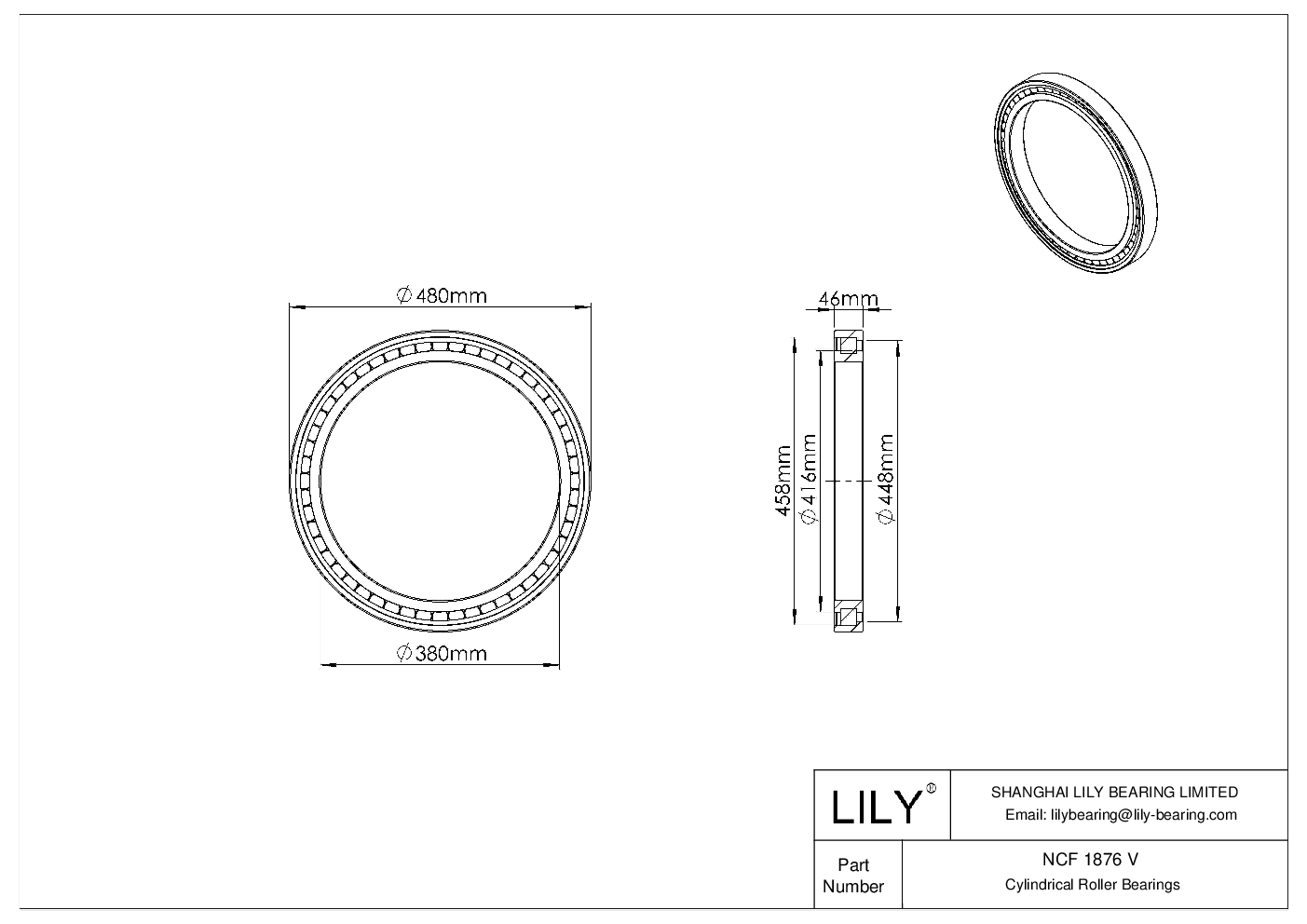 NCF 1876 V Single Row Full Complement Cylindrical Roller Bearings cad drawing