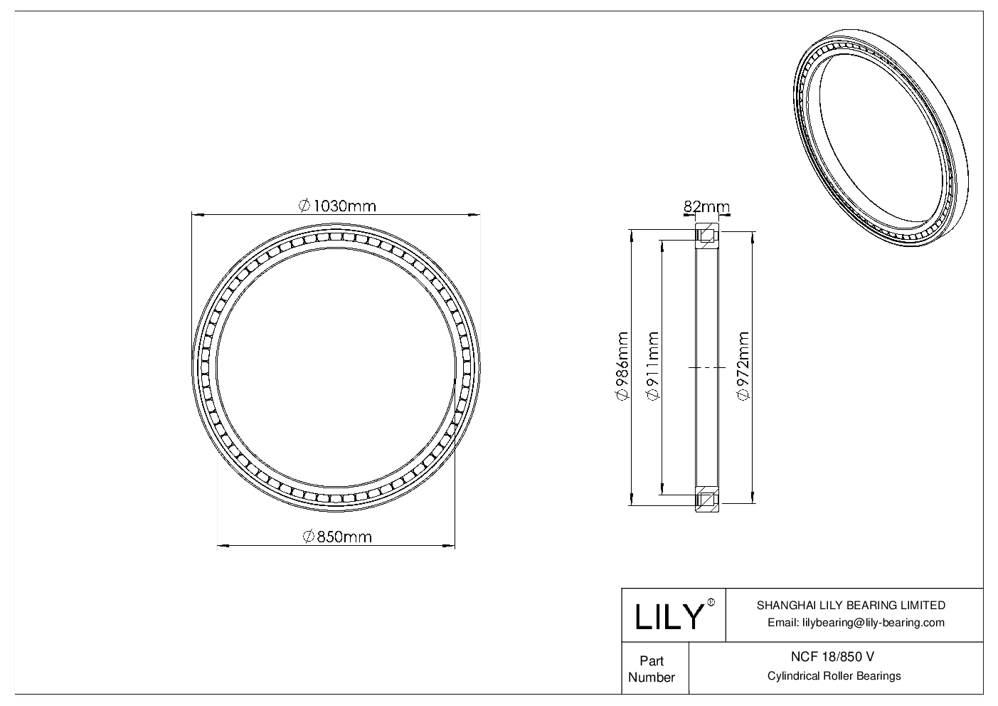 NCF 18/850 V Single Row Full Complement Cylindrical Roller Bearings cad drawing