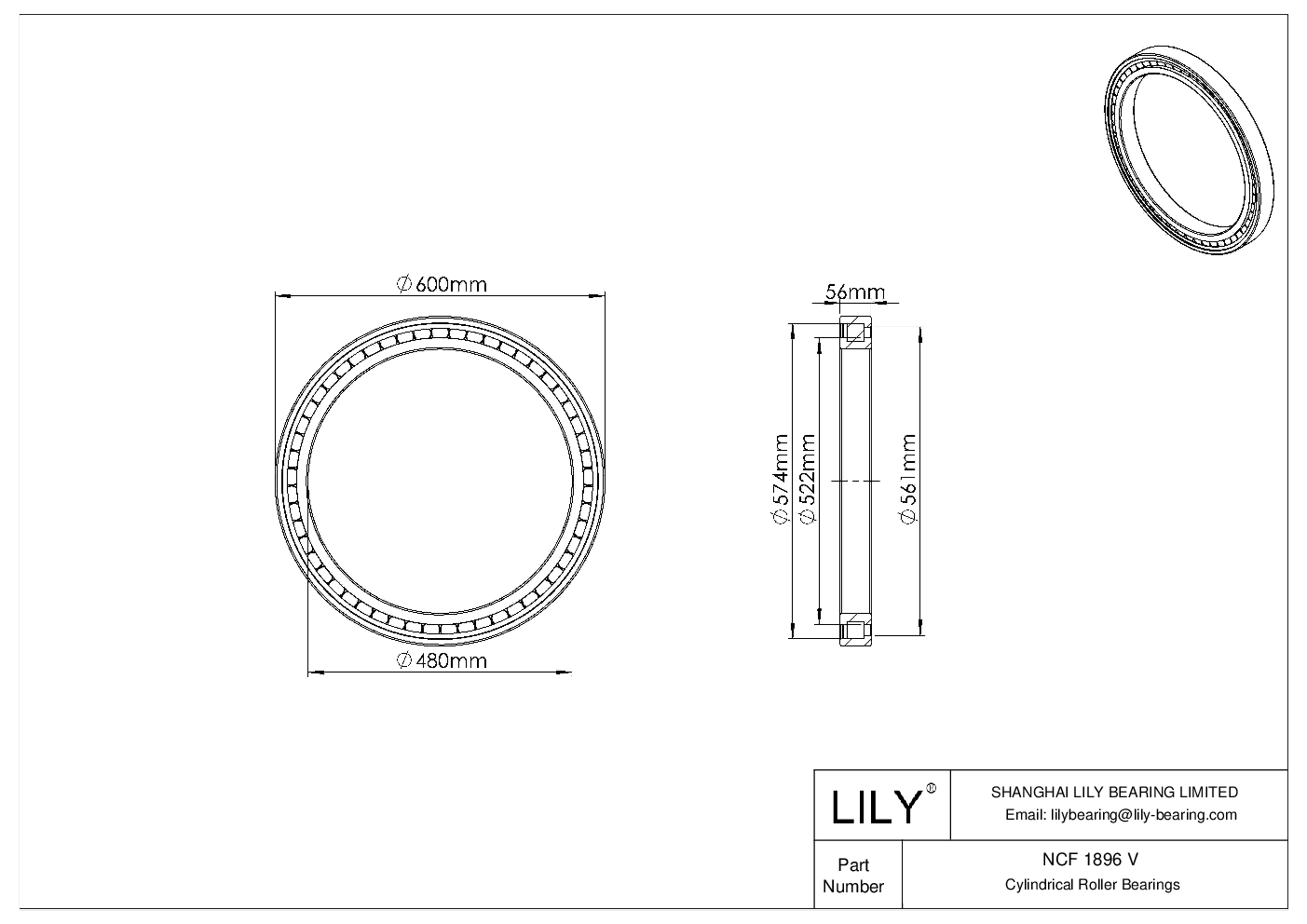 NCF 1896 V Single Row Full Complement Cylindrical Roller Bearings cad drawing