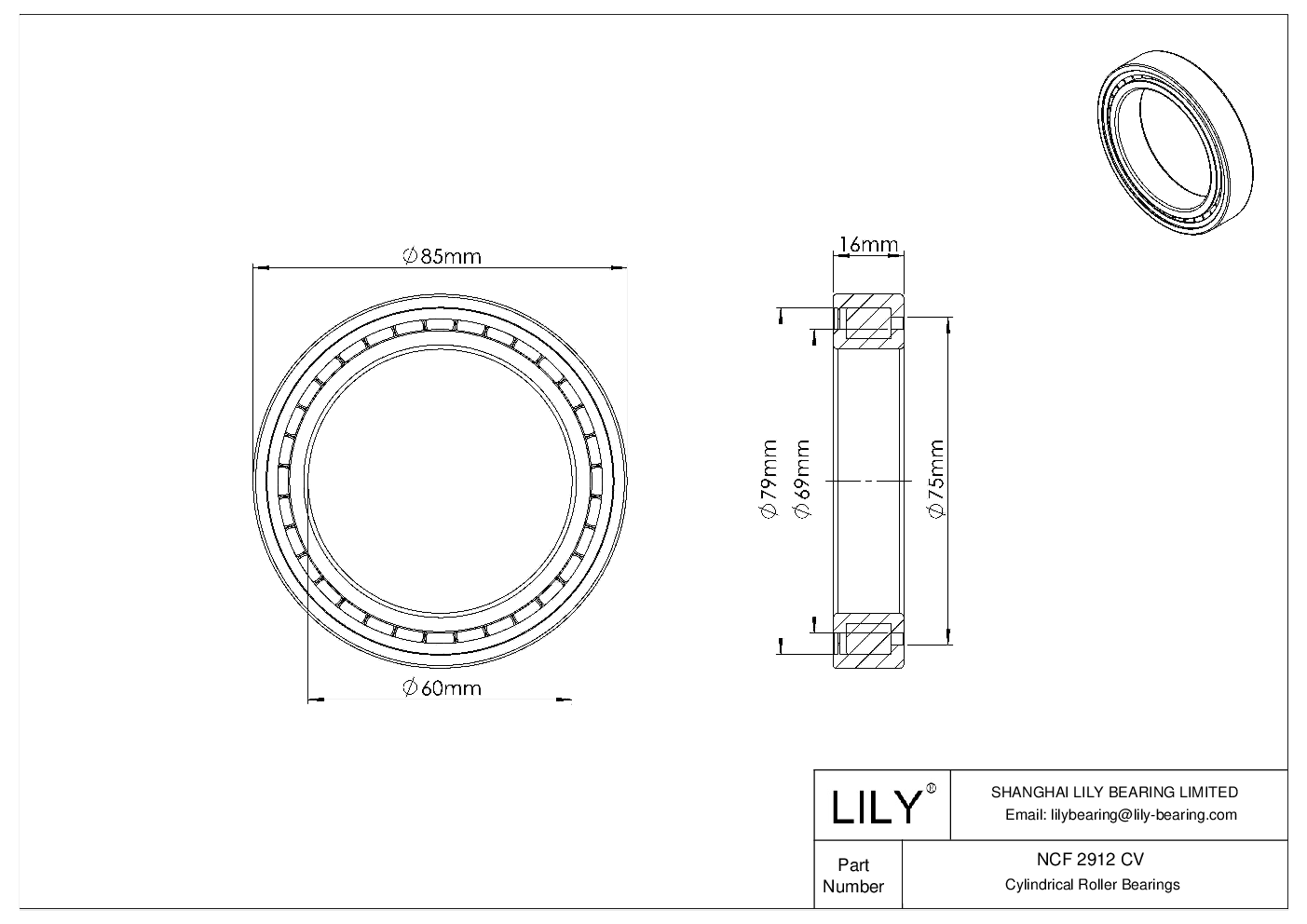 NCF 2912 CV Single Row Full Complement Cylindrical Roller Bearings cad drawing