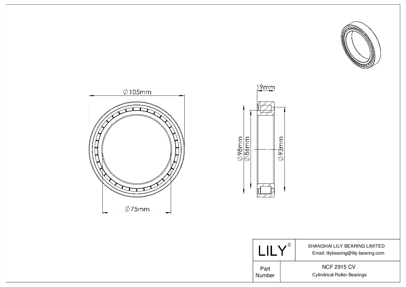 NCF 2915 CV Single Row Full Complement Cylindrical Roller Bearings cad drawing