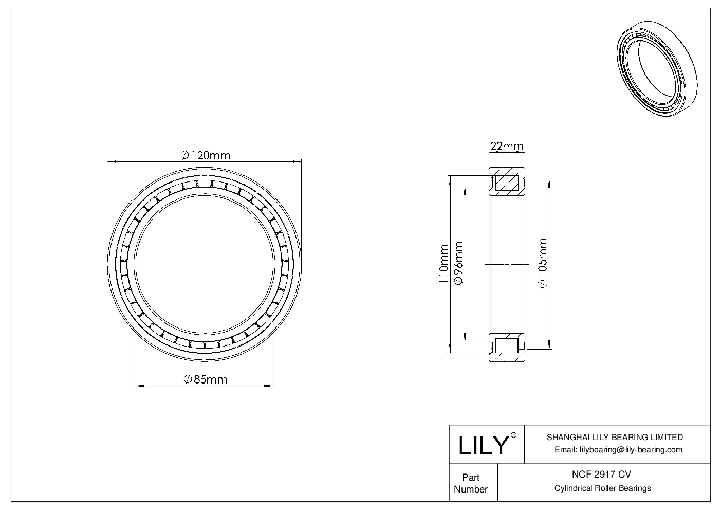 NCF 2917 CV Single Row Full Complement Cylindrical Roller Bearings cad drawing