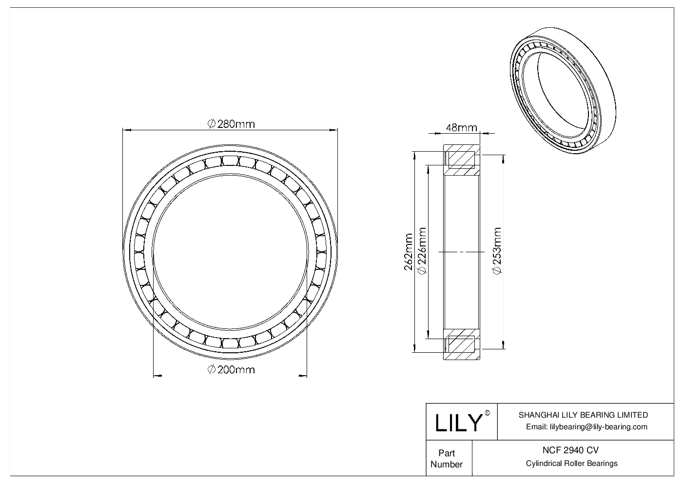 NCF 2940 CV Single Row Full Complement Cylindrical Roller Bearings cad drawing