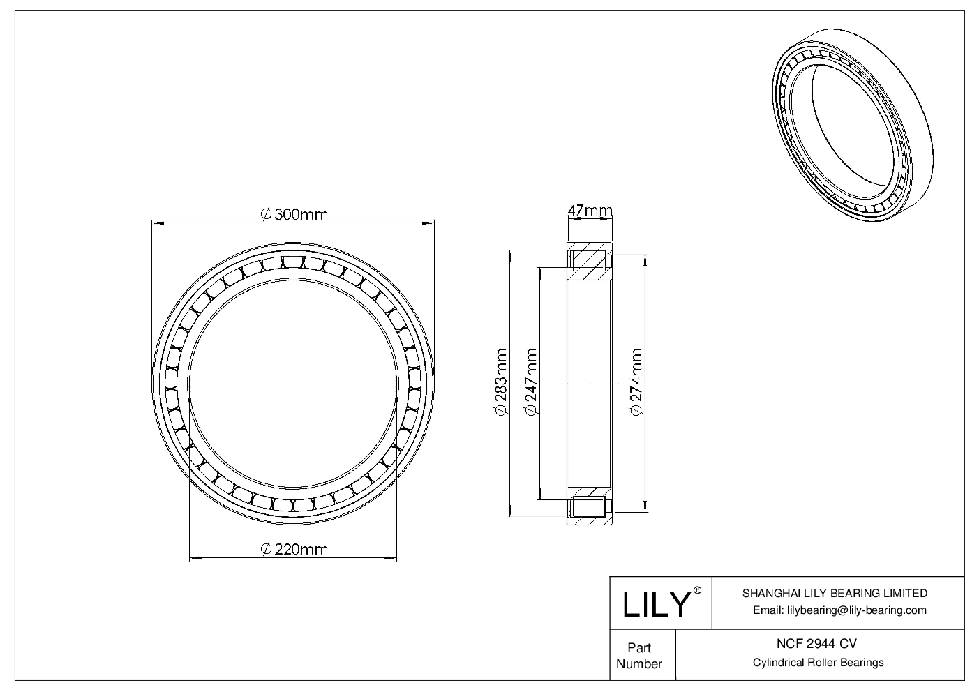 NCF 2944 CV Single Row Full Complement Cylindrical Roller Bearings cad drawing