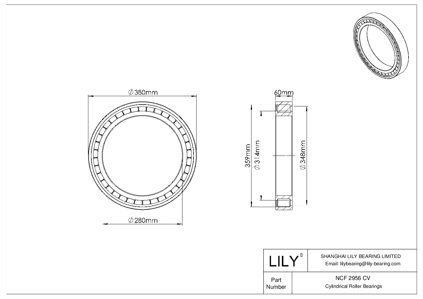 NCF 2956 CV Single Row Full Complement Cylindrical Roller Bearings cad drawing