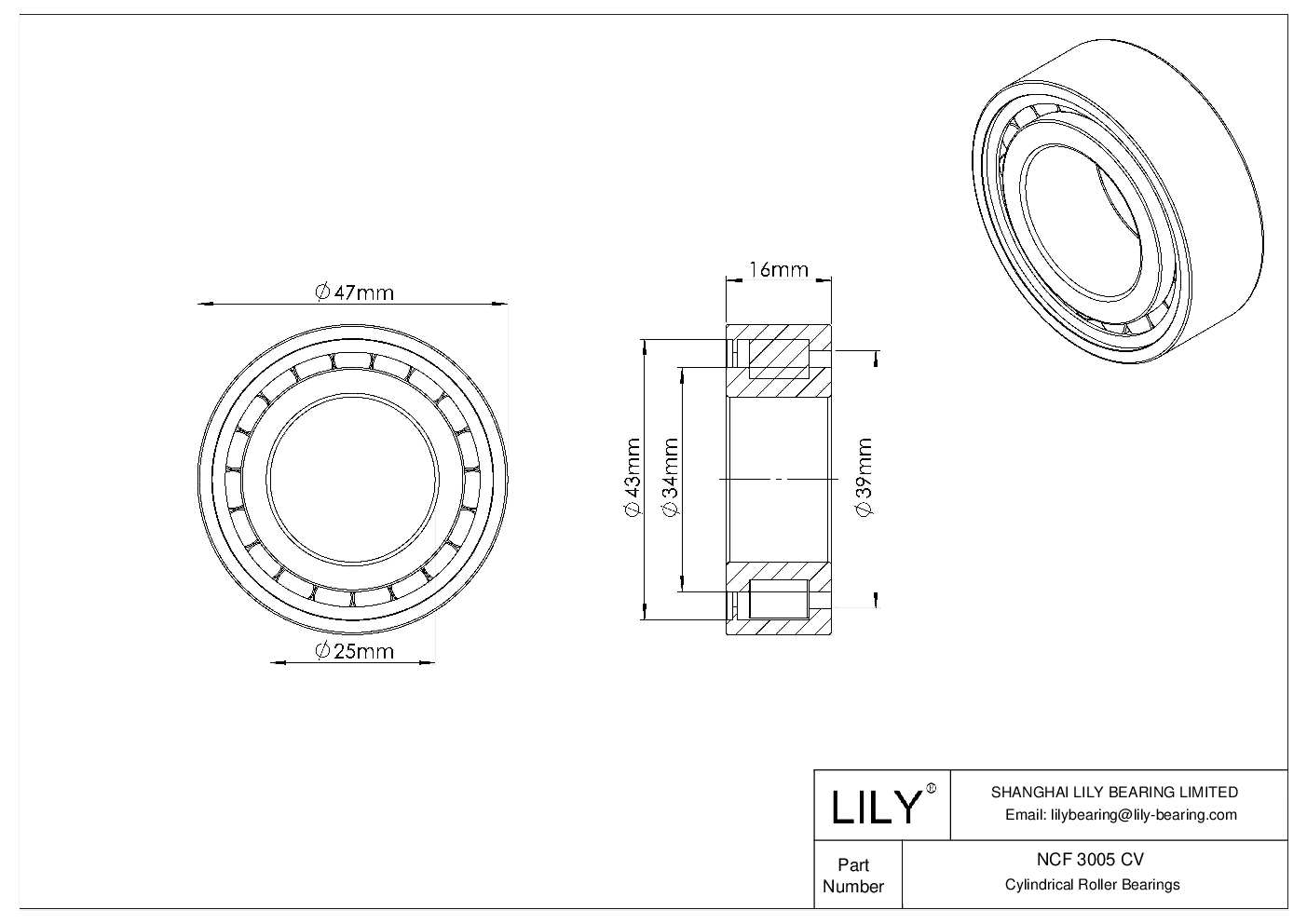 NCF 3005 CV Single Row Full Complement Cylindrical Roller Bearings cad drawing