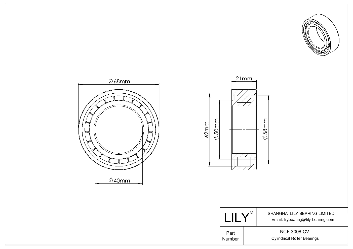 NCF 3008 CV Single Row Full Complement Cylindrical Roller Bearings cad drawing