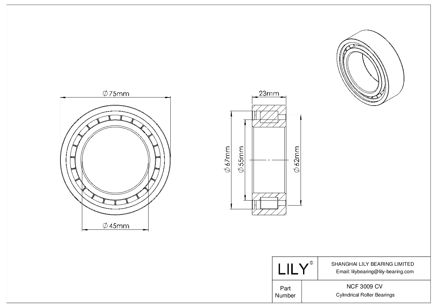 NCF 3009 CV Single Row Full Complement Cylindrical Roller Bearings cad drawing