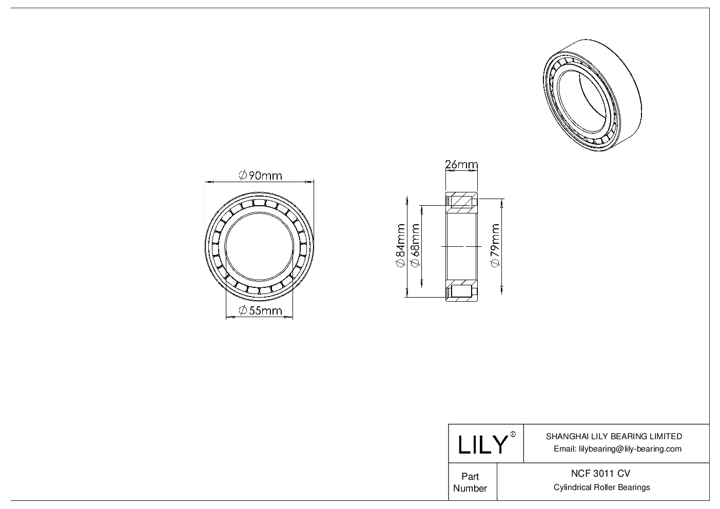 NCF 3011 CV Single Row Full Complement Cylindrical Roller Bearings cad drawing