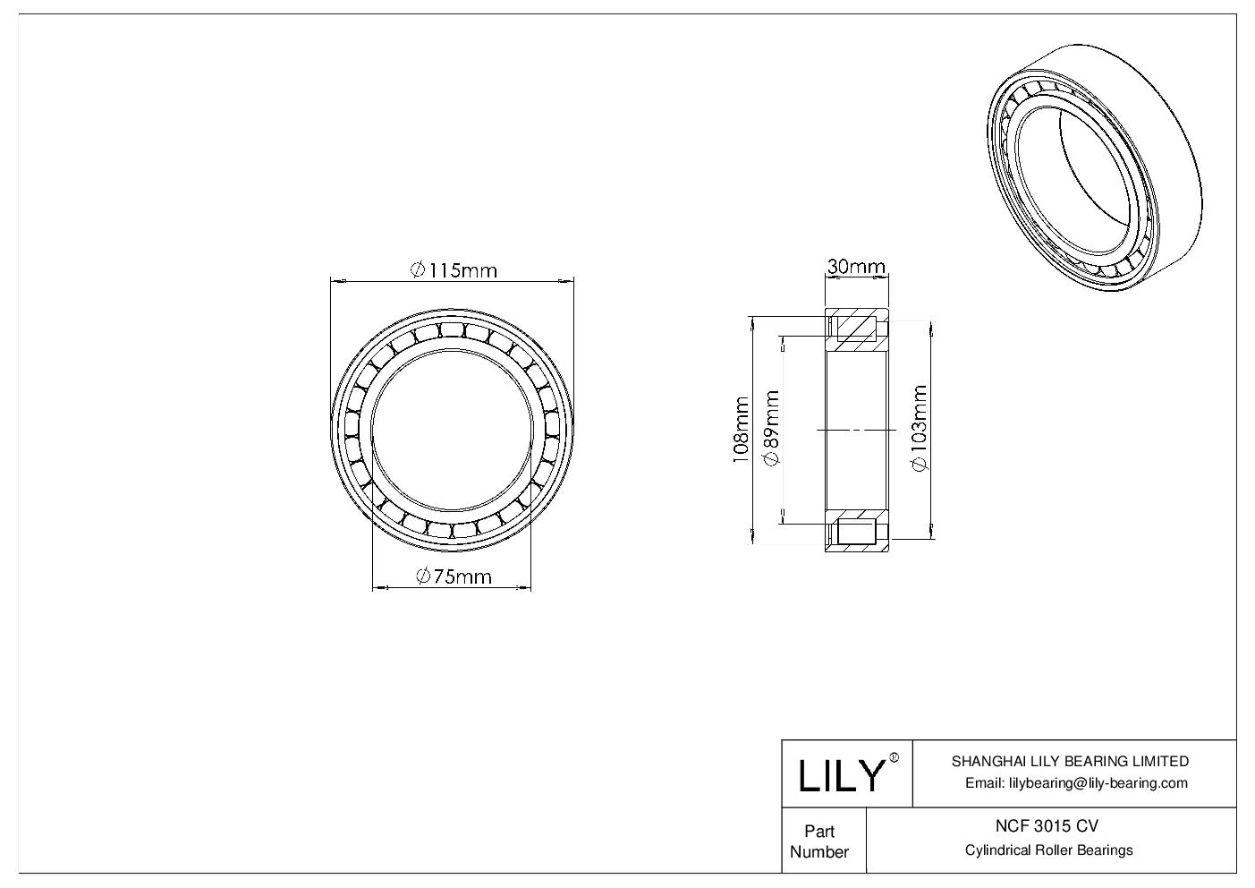 NCF 3015 CV Single Row Full Complement Cylindrical Roller Bearings cad drawing
