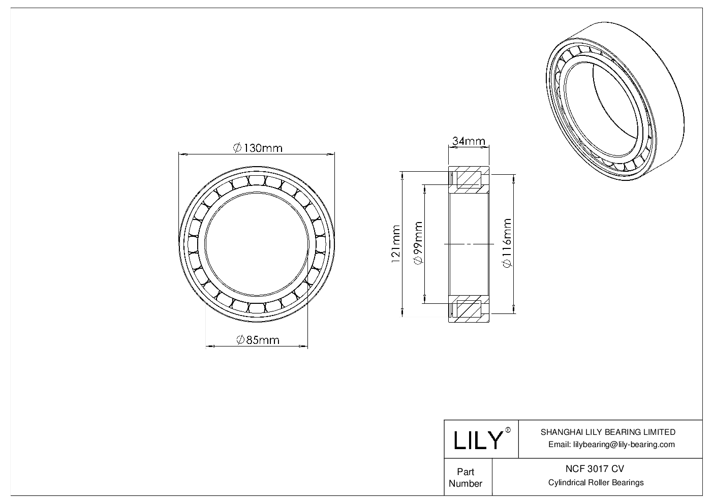 NCF 3017 CV Single Row Full Complement Cylindrical Roller Bearings cad drawing