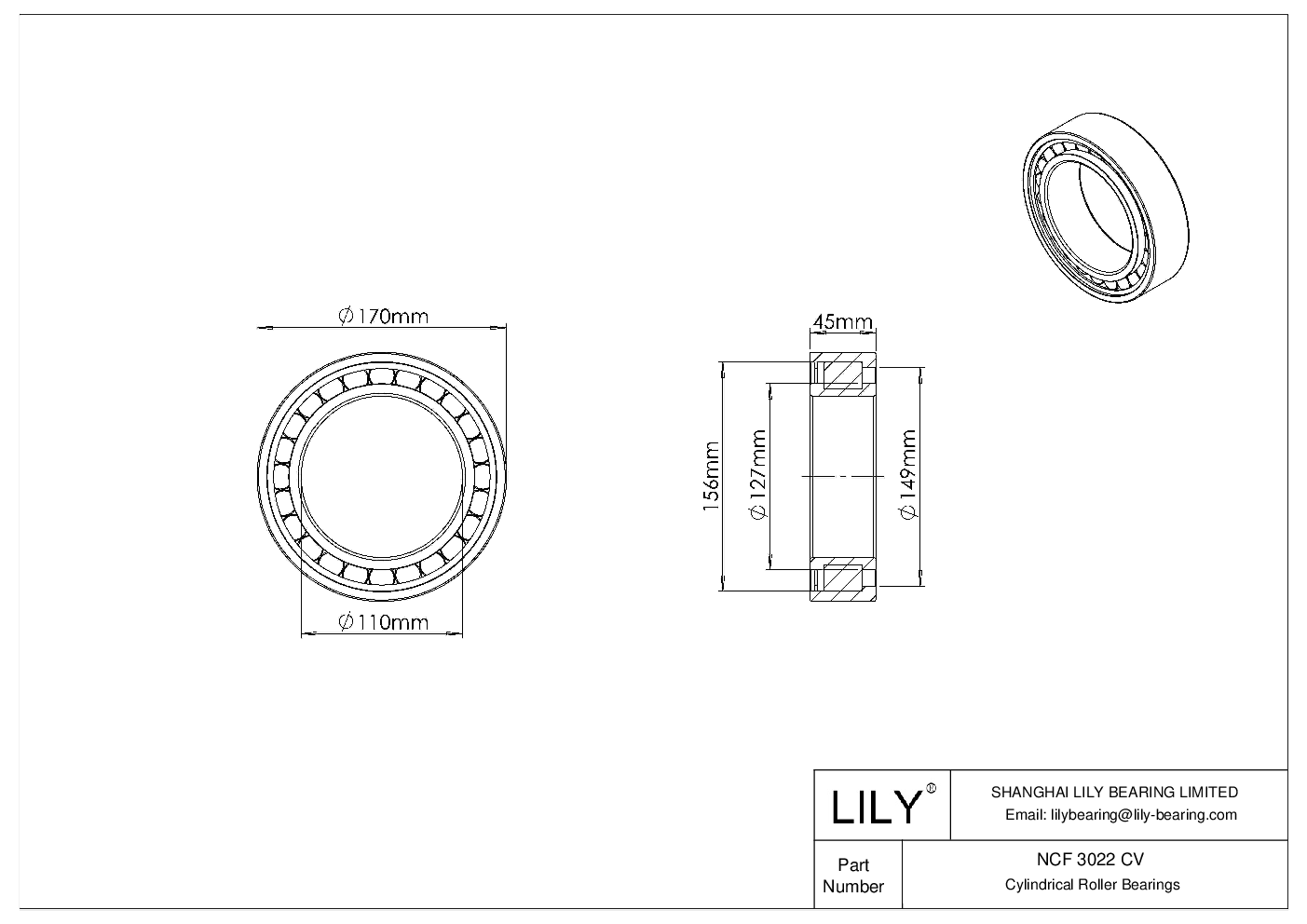 NCF 3022 CV Single Row Full Complement Cylindrical Roller Bearings cad drawing