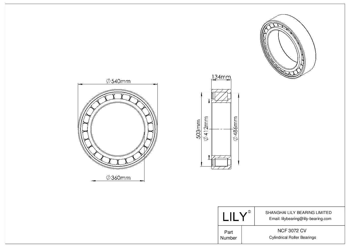 NCF 3072 CV Single Row Full Complement Cylindrical Roller Bearings cad drawing