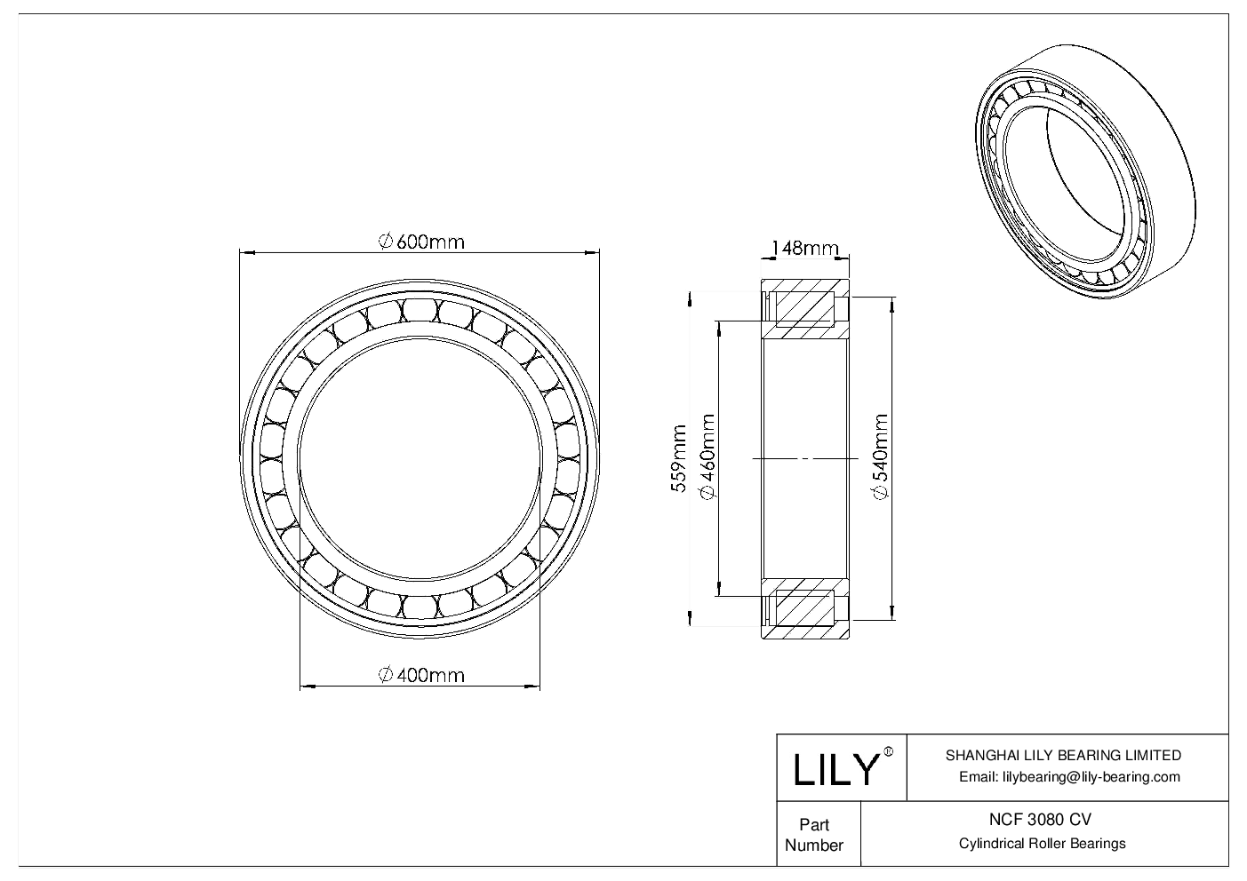 NCF 3080 CV Single Row Full Complement Cylindrical Roller Bearings cad drawing