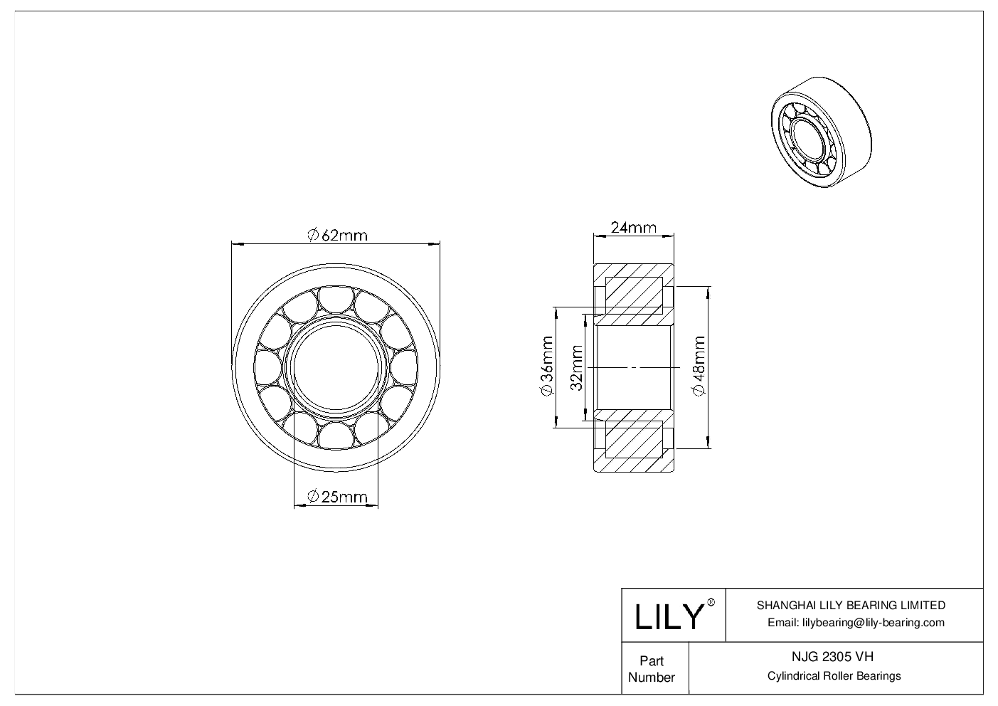 NJG 2305 VH Single Row Full Complement Cylindrical Roller Bearings cad drawing