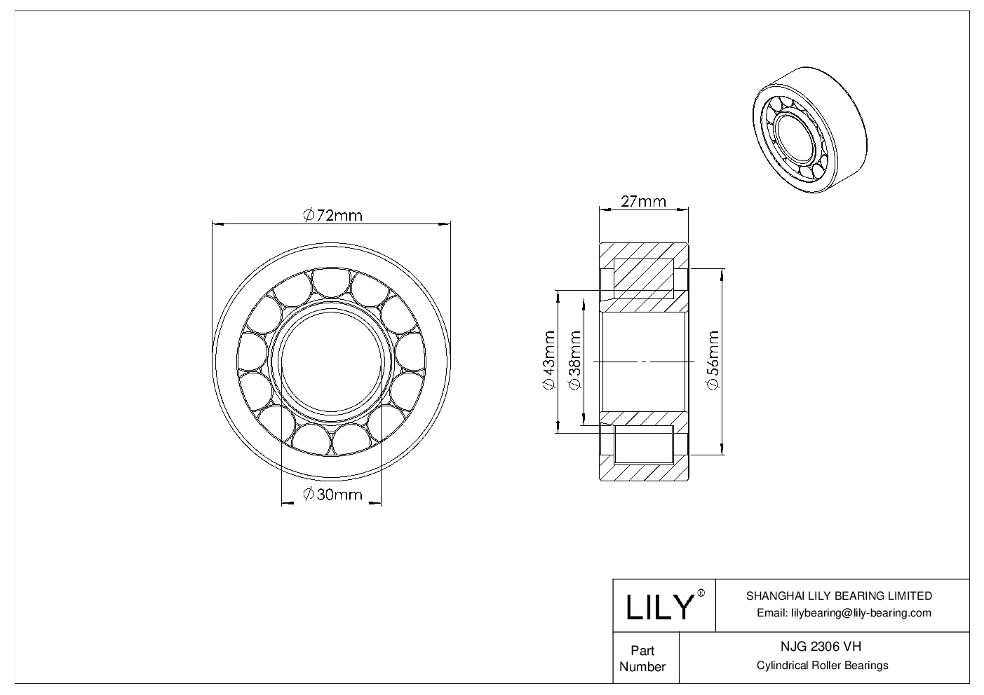 NJG 2306 VH Single Row Full Complement Cylindrical Roller Bearings cad drawing
