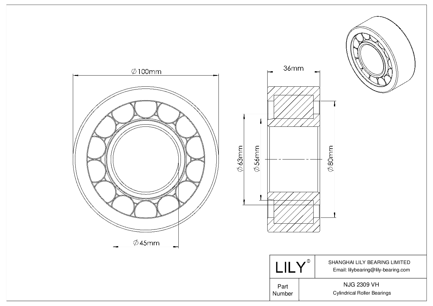 NJG 2309 VH Single Row Full Complement Cylindrical Roller Bearings cad drawing