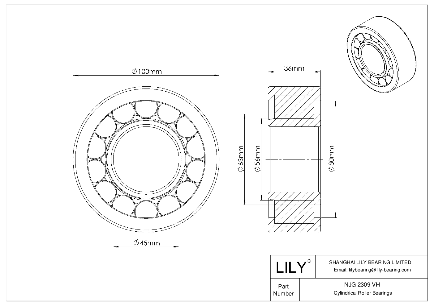 NJG 2309 VH 单列满装圆柱滚子轴承 cad drawing