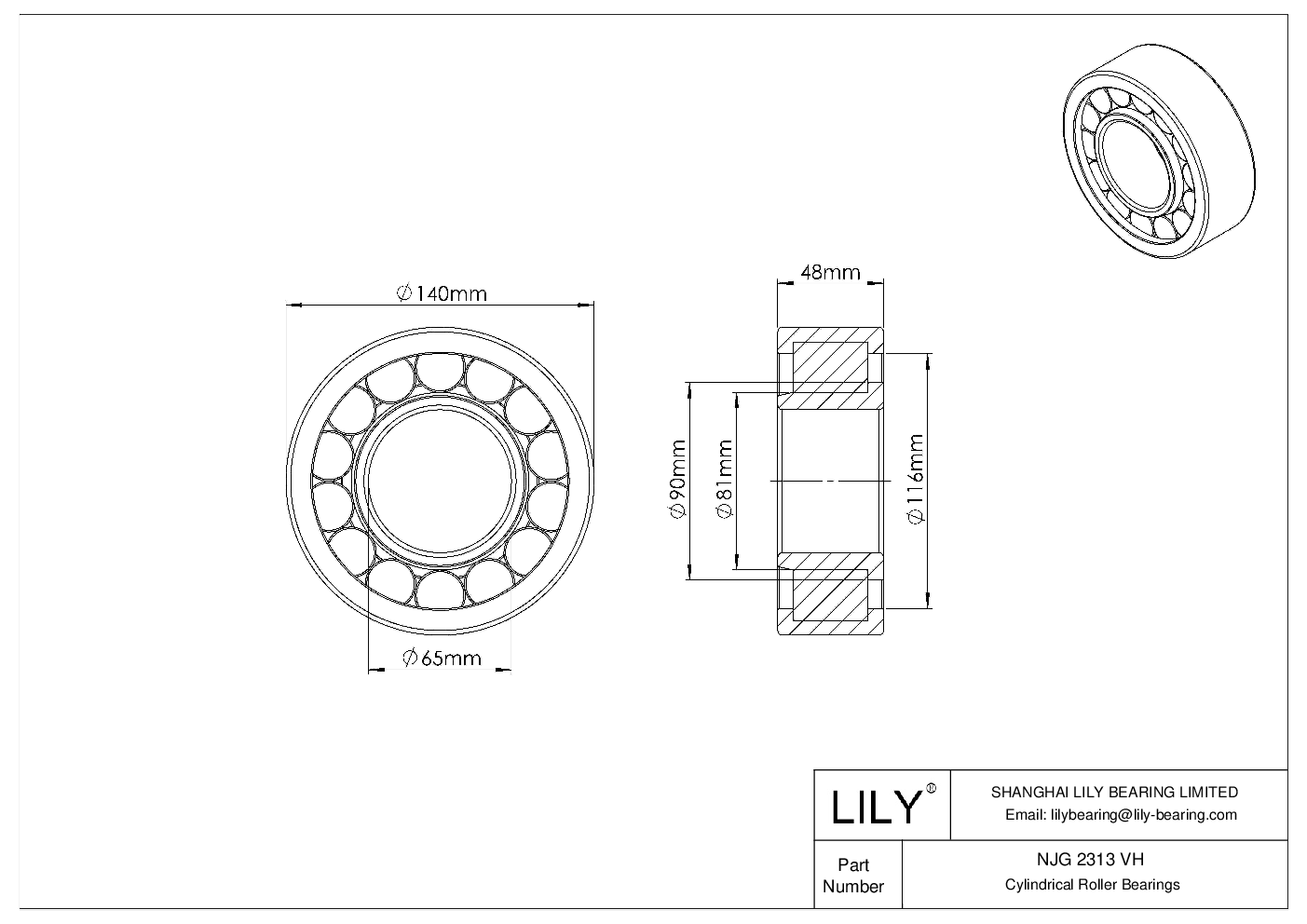 NJG 2313 VH Single Row Full Complement Cylindrical Roller Bearings cad drawing